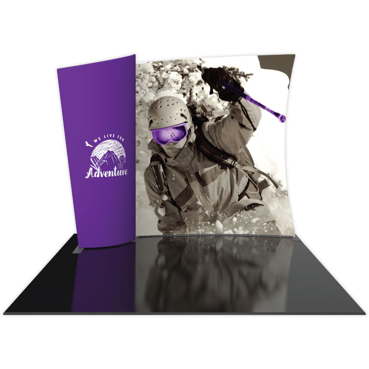 Curved trade show display with adventurous skiing graphic and branded side panel for exhibitions
