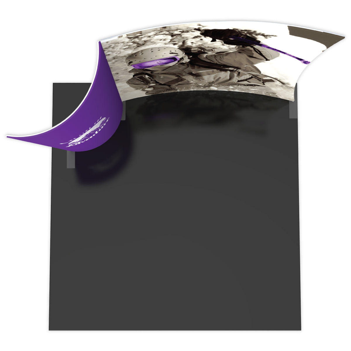 Trade show exhibit curved fabric display booth featuring action sports graphic and branding panel