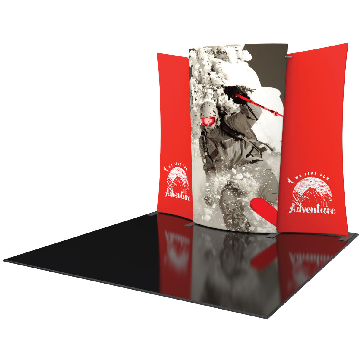 portable trade show display with curved graphic panel featuring winter sports imagery and side banners for exhibitions