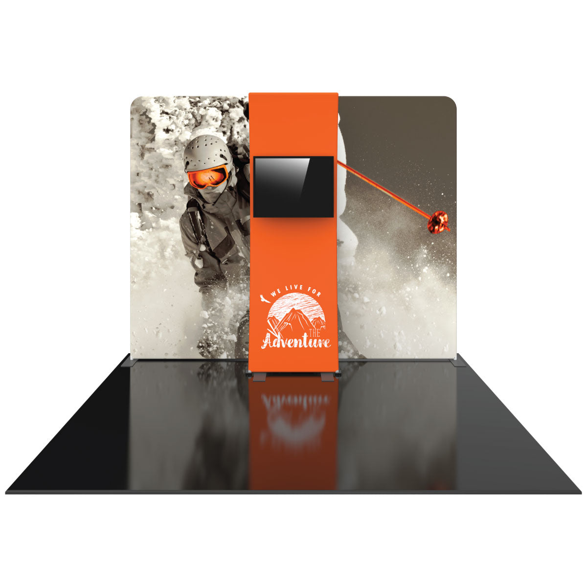 Trade show display featuring large adventure-themed backdrop with action skier and central monitor for exhibitions and events