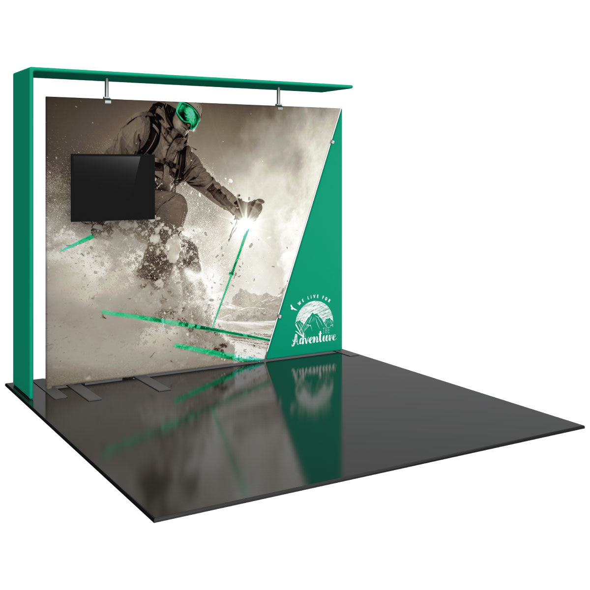 Trade show exhibition display featuring large printed graphic of skier in action with mounted monitor