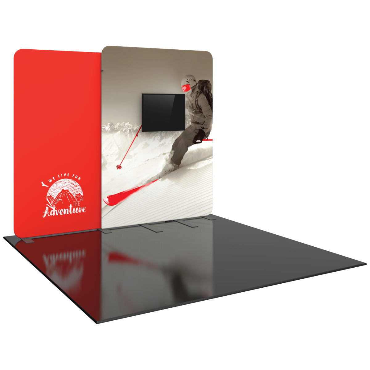 Trade show fabric display with adventure-themed graphics and integrated monitor for exhibitions