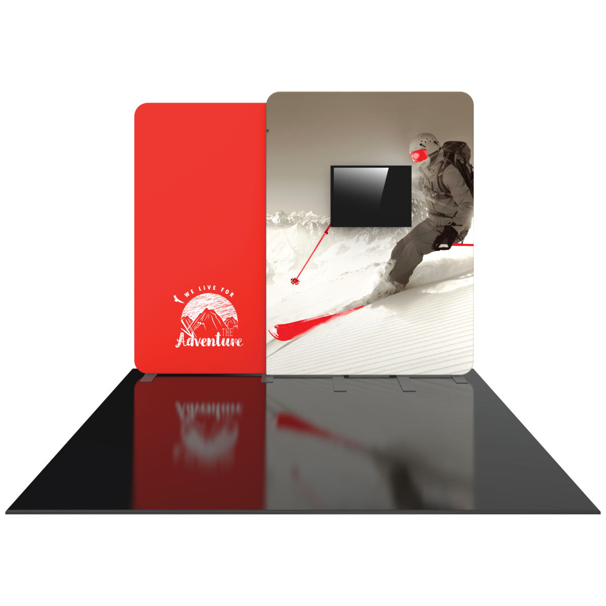 Trade show display featuring a skiing adventure graphic and mounted monitor for exhibitions and events