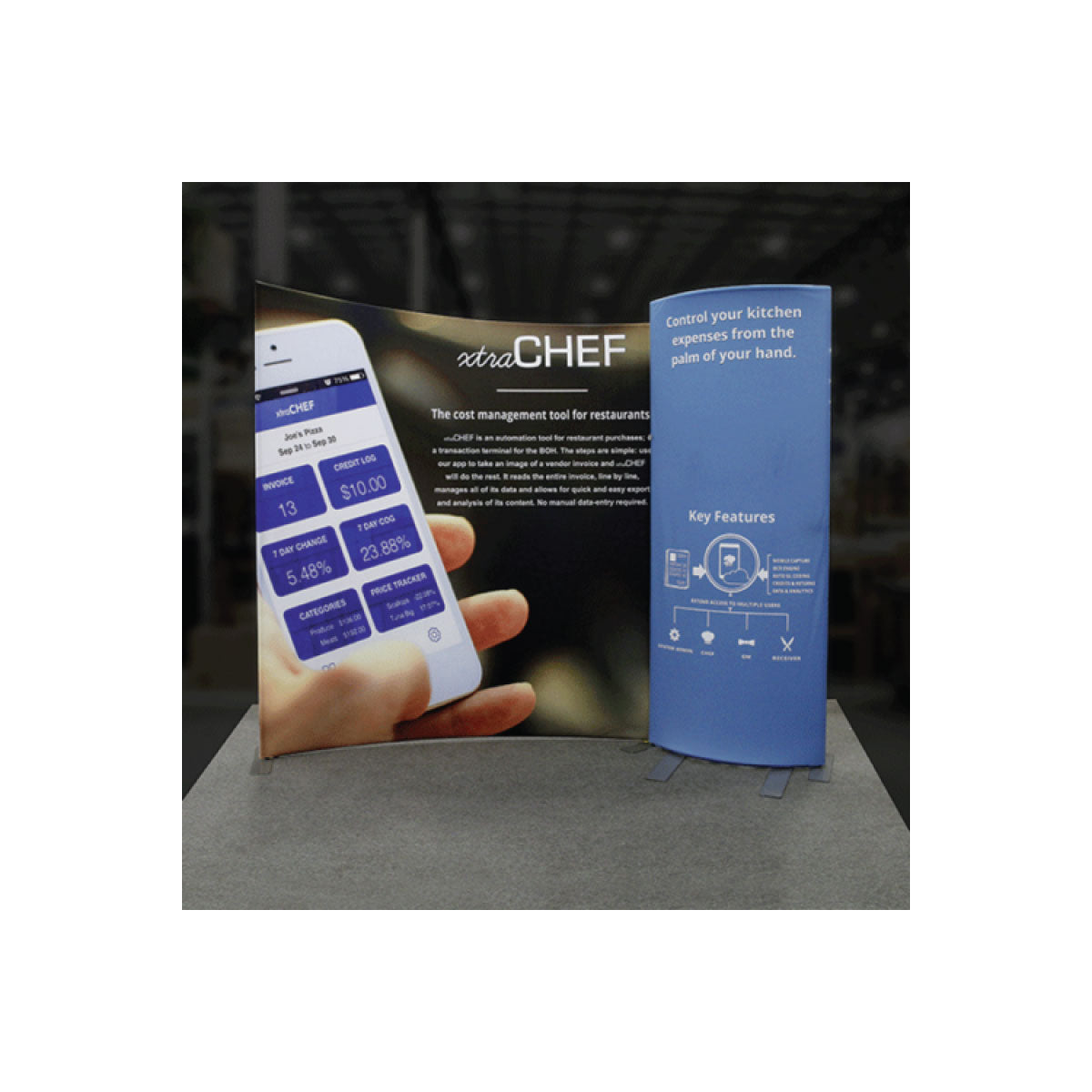 Trade show display for xtraCHEF with marketing panels showcasing restaurant cost management software features