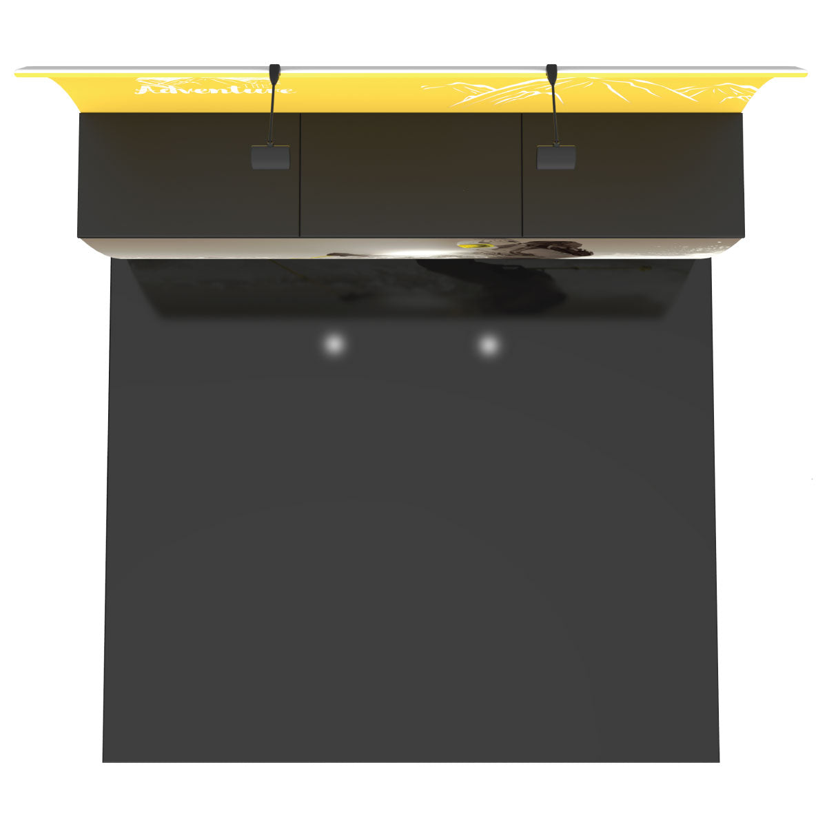 Compact 10ft trade show exhibit booth with overhead lights and branded header panel for exhibitions