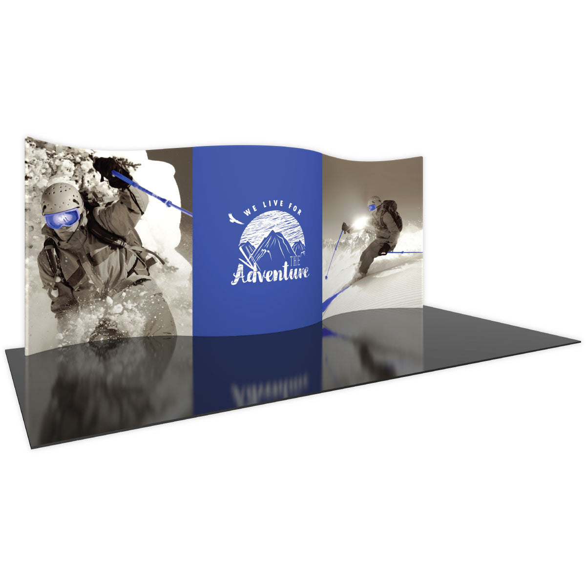 Curved trade show display featuring winter adventure skiing graphics for exhibitions and events