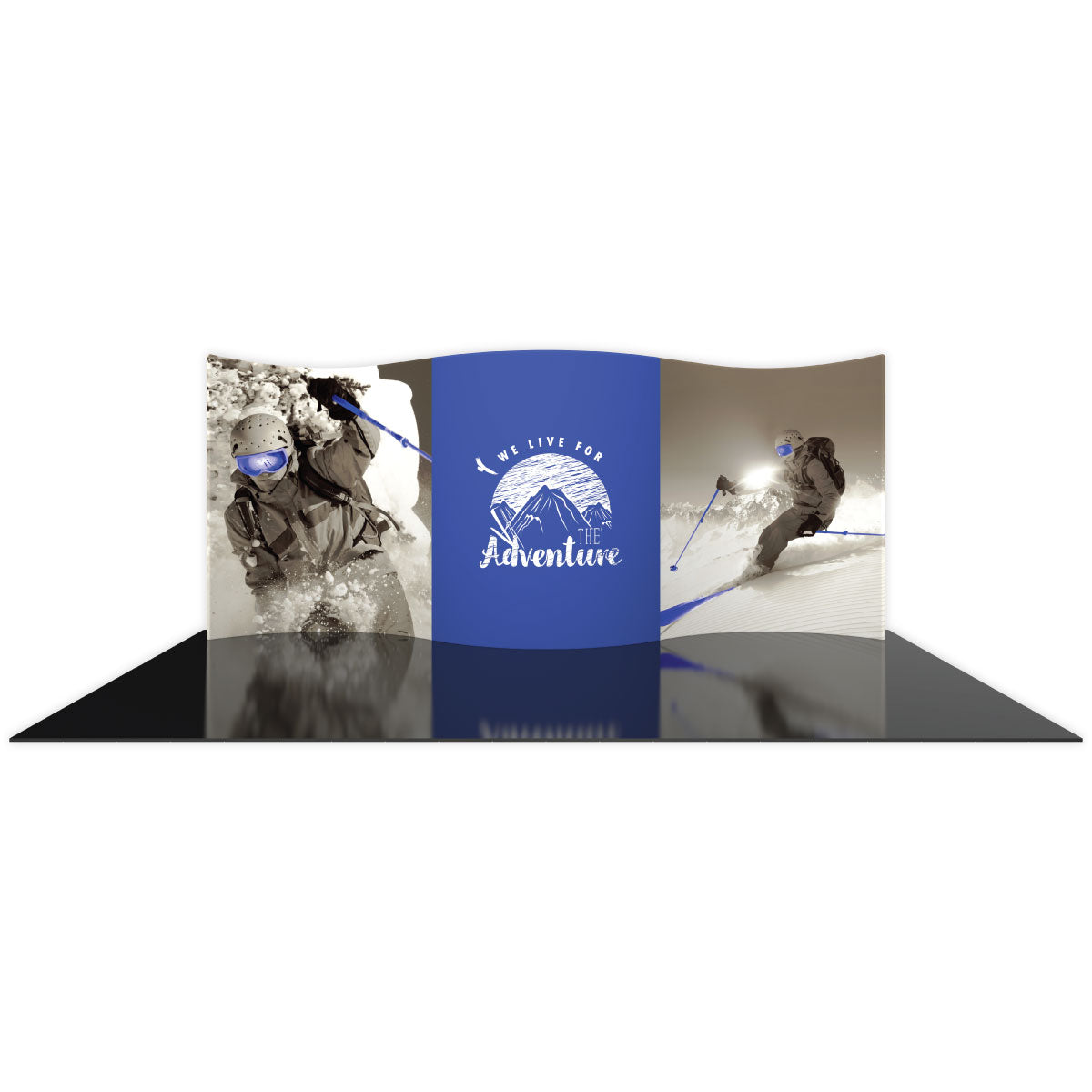 Curved trade show display with adventure-themed graphics for exhibitions and special events