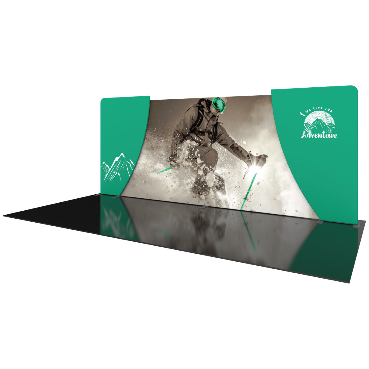 Curved trade show display with skiing graphic and mountain adventure branding for exhibitions and events
