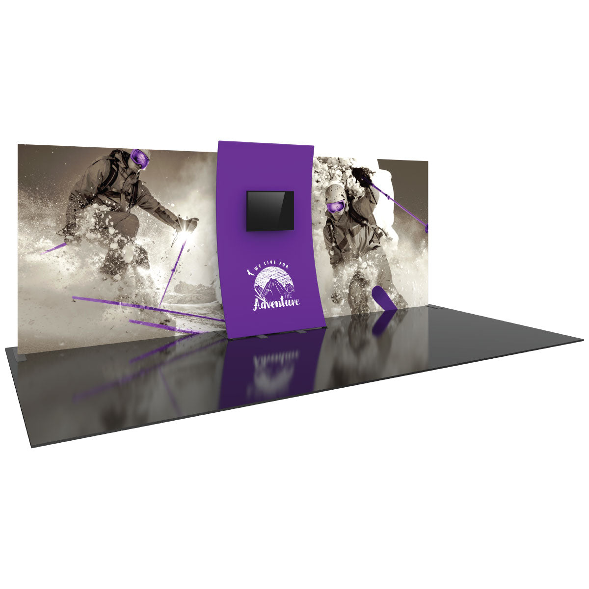 Trade show display with curved central panel featuring monitor and adventure-themed backdrop with skiers