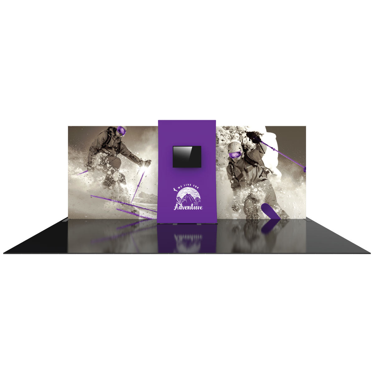 Trade show display with large adventure-themed graphics and central monitor for exhibitions and special events