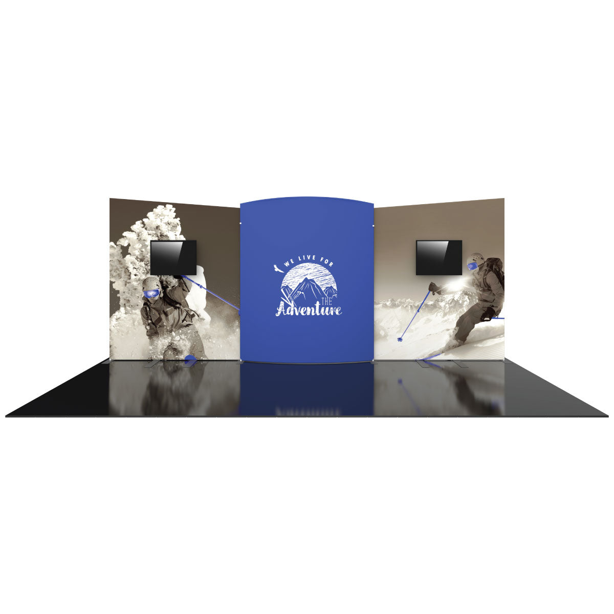 Trade show display with large curved backdrops featuring adventure graphics and screens for exhibitions and events