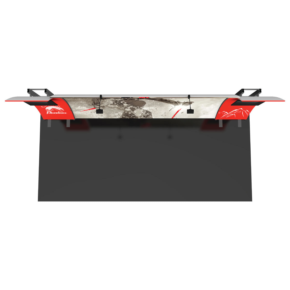 Trade show display with curved overhead frame, graphic panels, and spotlights for exhibitions