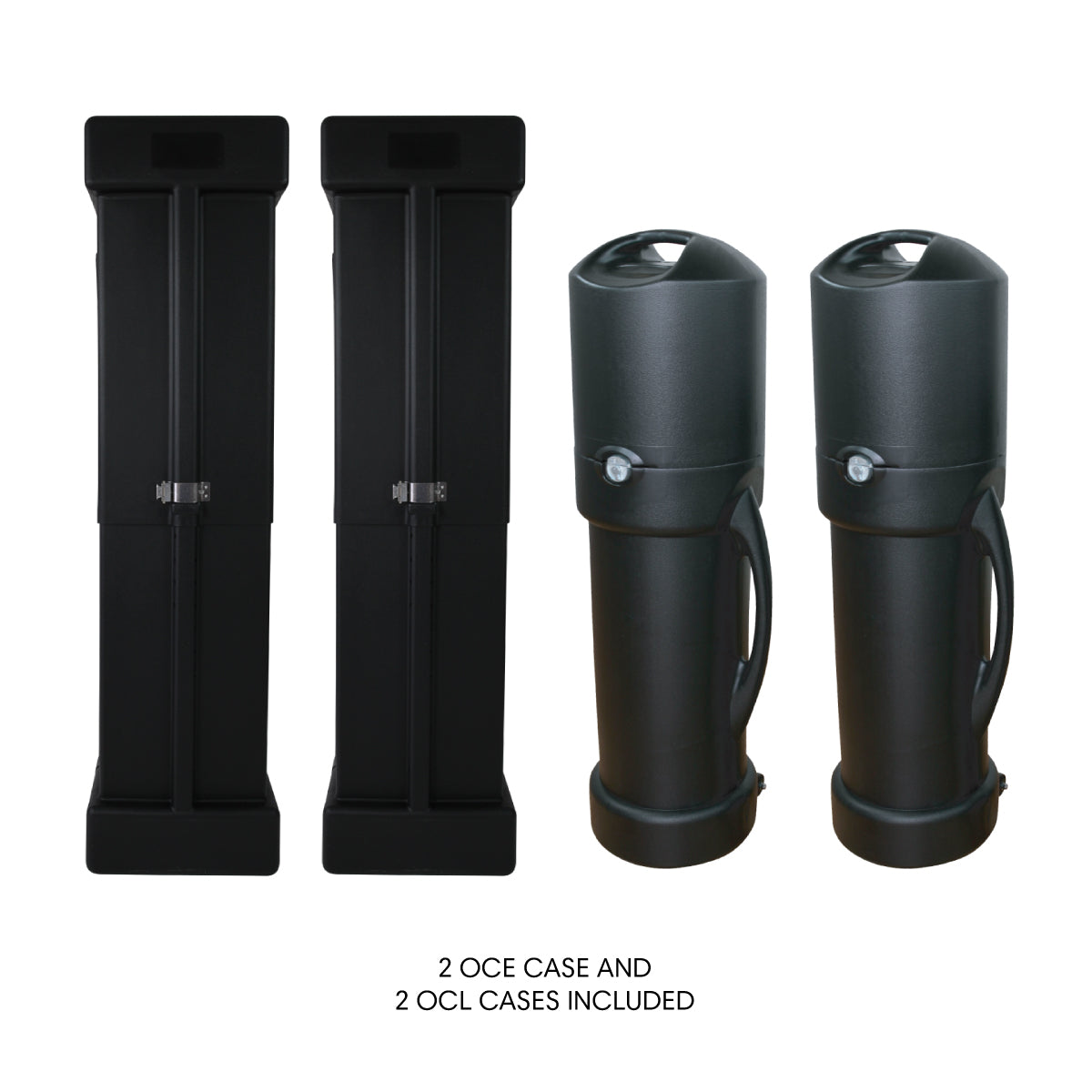 Two rectangular and two cylindrical carrying cases for trade shows and exhibitions displays