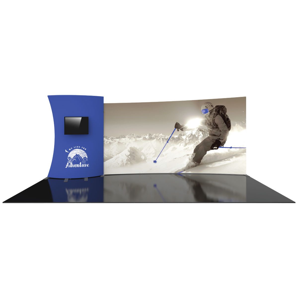 Curved trade show display with large skier graphic and TV mount for exhibitions and events