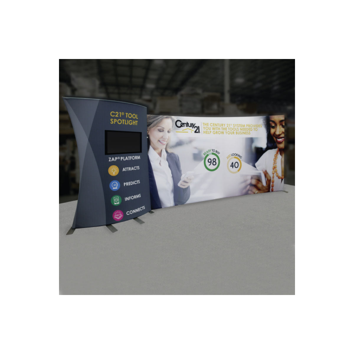 Trade show display booth with curved backdrop and screen featuring Century 21 business growth tools