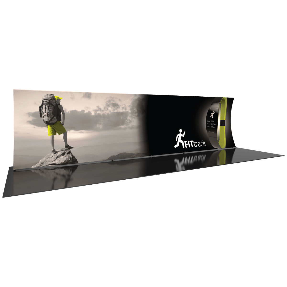 Curved trade show display with outdoor adventure image and FITtrack branding for exhibitions and events