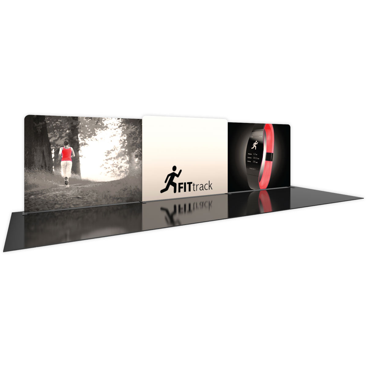 Modular trade show display featuring fitness tracker and running imagery for exhibitions and events