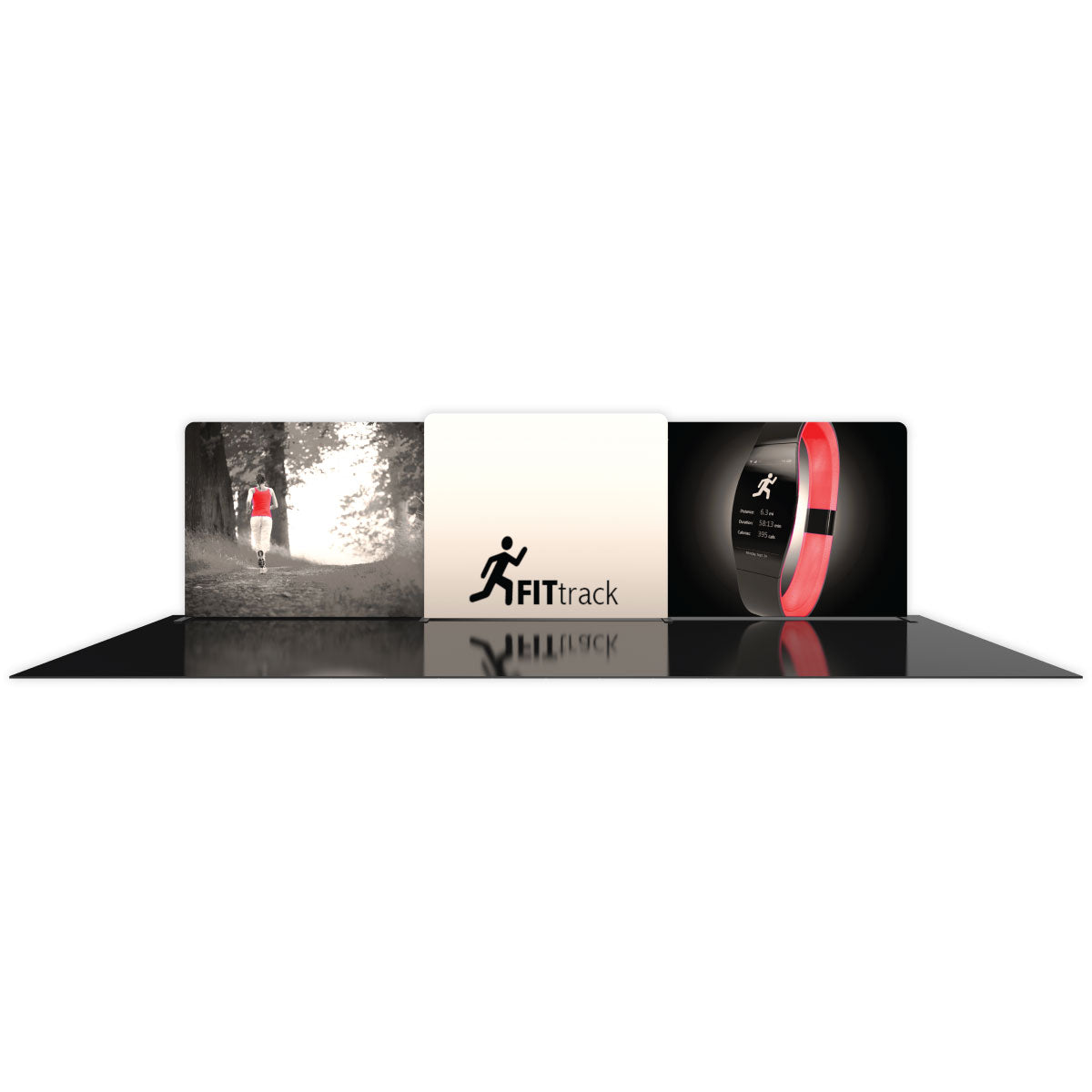 Modular three-panel trade show display featuring fitness tracking imagery and logo for exhibitions