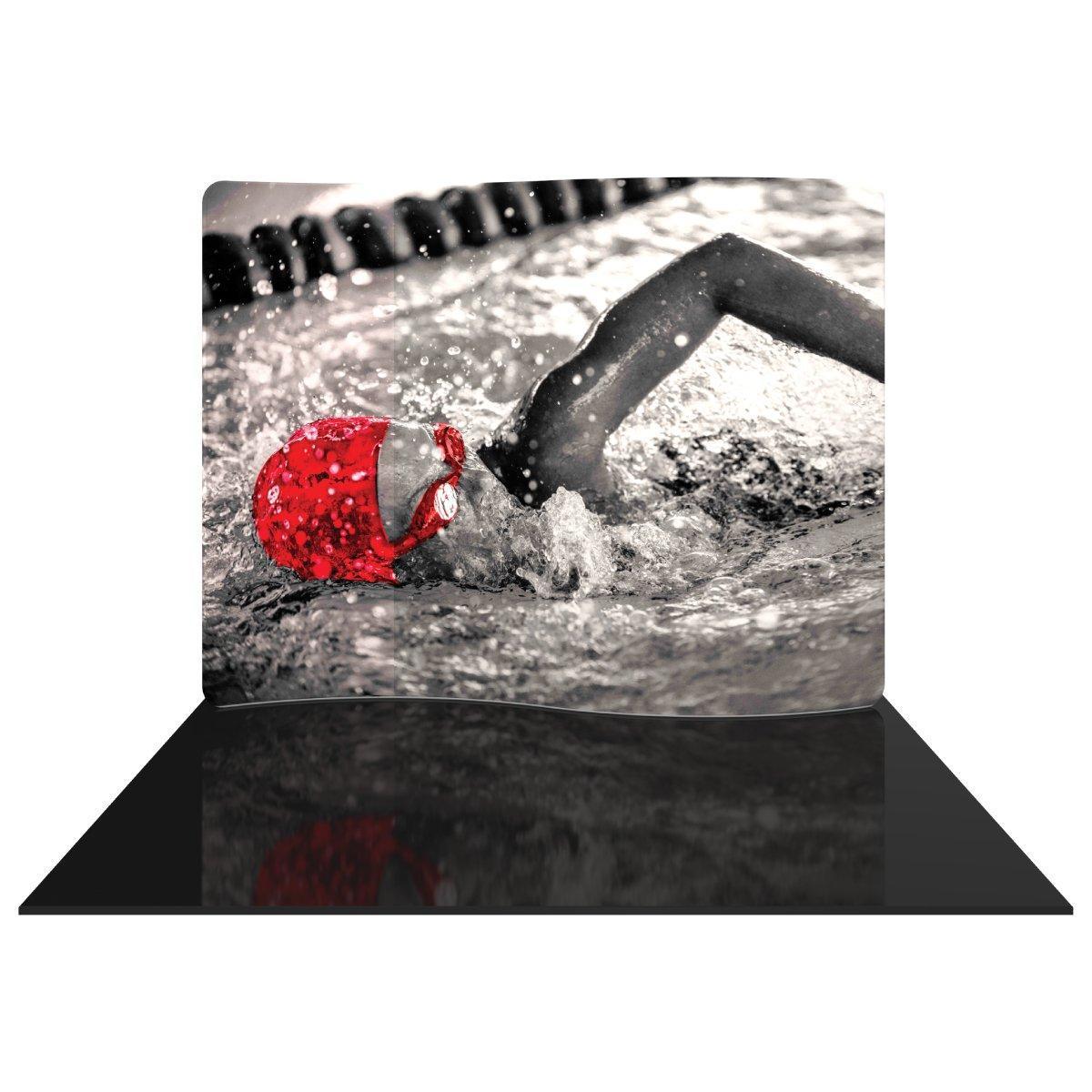 Serpentine trade show display featuring dynamic swimmer image for exhibitions and special events