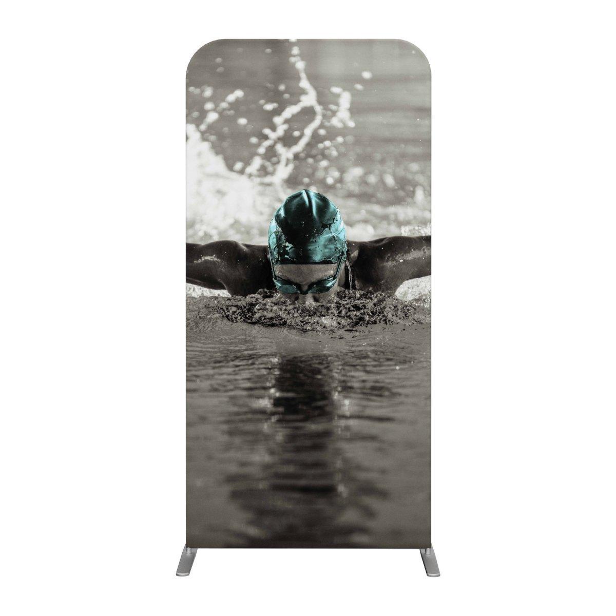 Trade show banner display featuring a swimmer in action, ideal for exhibitions and special events