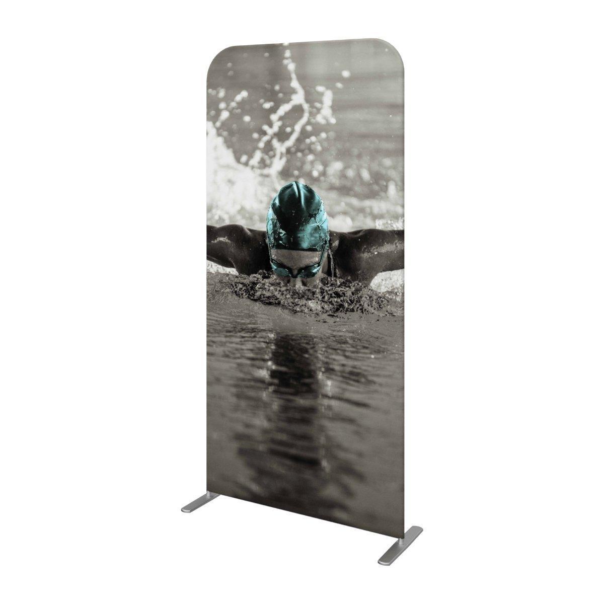 Tall fabric trade show banner display featuring swimmer in action for exhibitions and special events