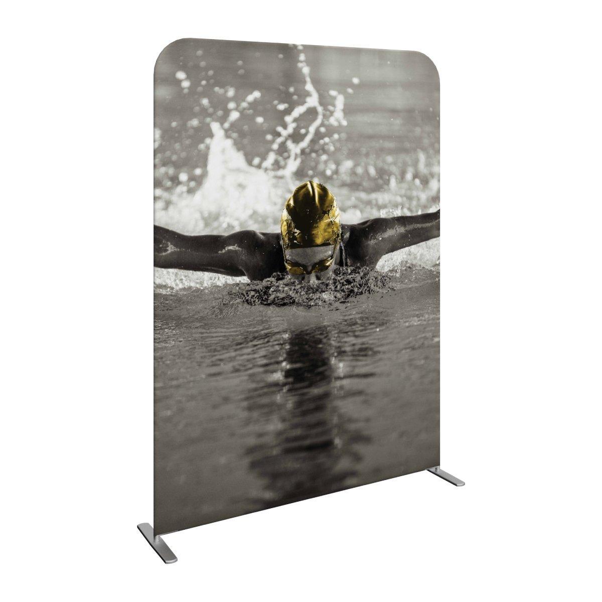 Trade show display banner featuring a swimmer in action for exhibitions and events