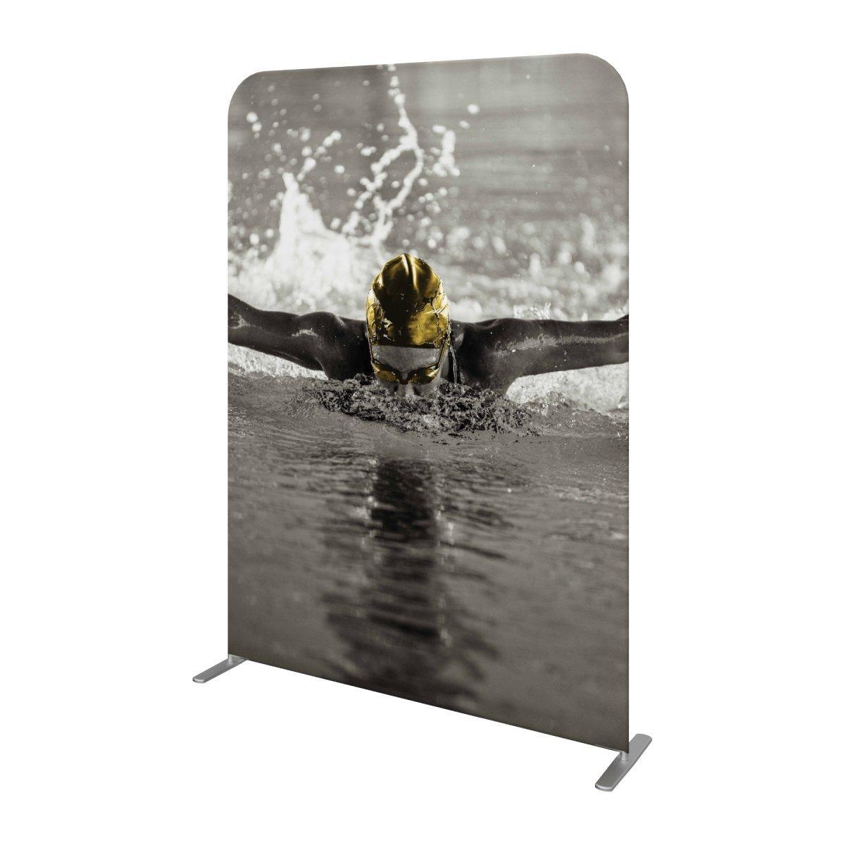 Large fabric trade show display featuring swimmer in action with water splash for exhibitions and events