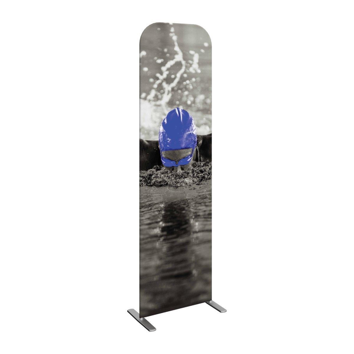 Tall freestanding trade show banner featuring dynamic swimmer image with water splash for exhibitions