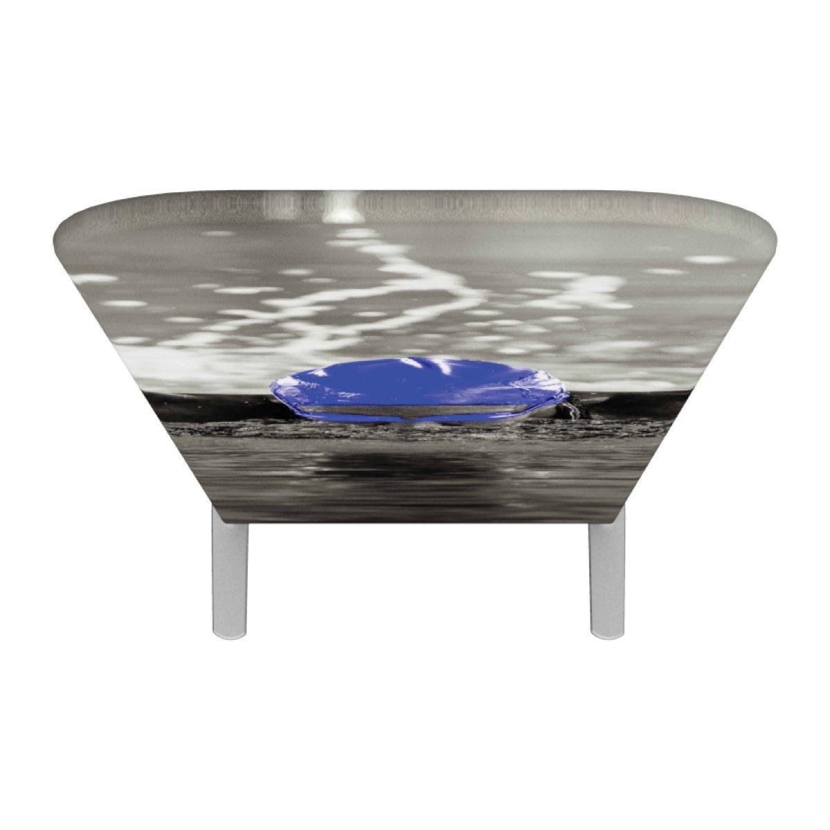 Rectangular trade show table with ocean wave and surfboard graphic on display surface