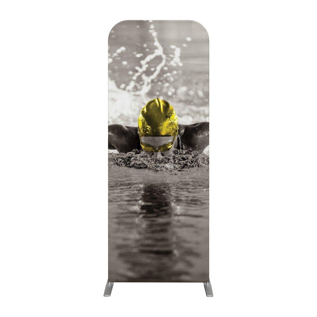 Trade show banner featuring swimmer with cap emerging from water, ideal for exhibitions and events