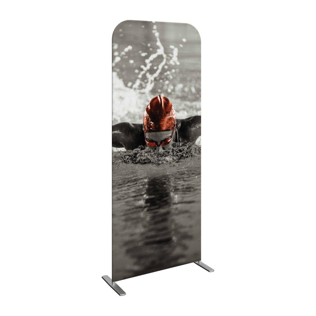 Vertical trade show banner displaying a swimmer in action for exhibitions and events