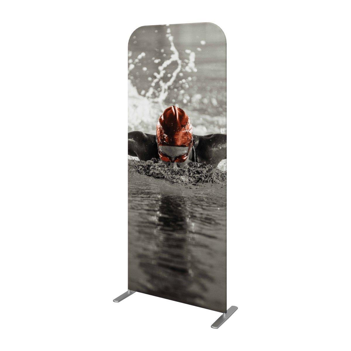 Freestanding banner display featuring a swimmer image, ideal for trade shows and exhibitions