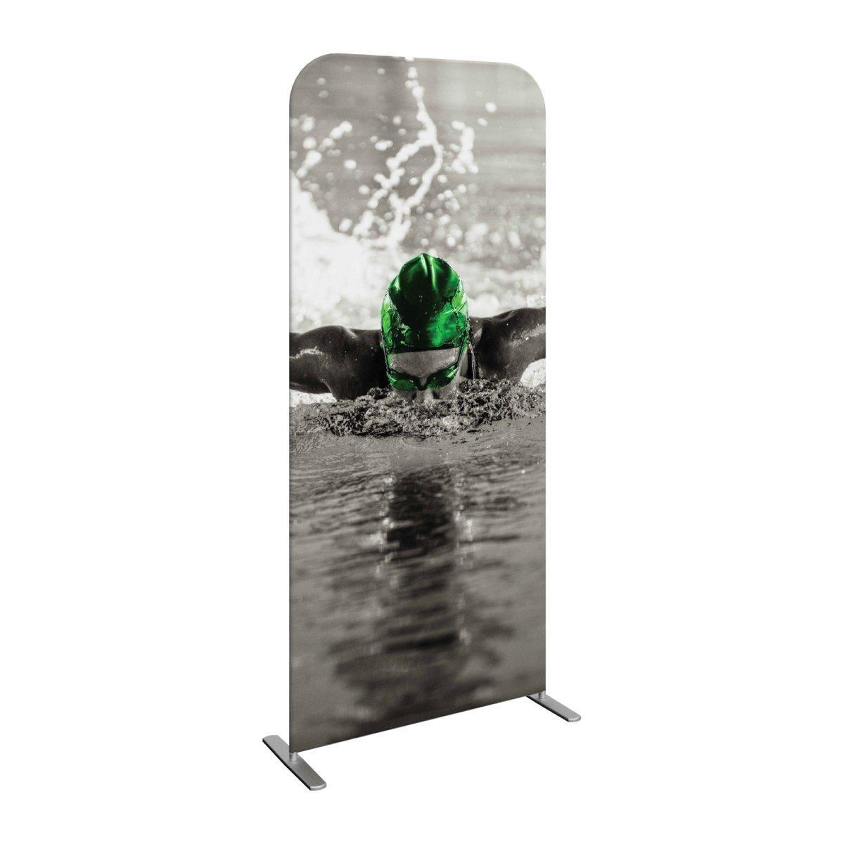 Tall fabric banner display featuring a swimmer in action, ideal for trade shows and exhibitions