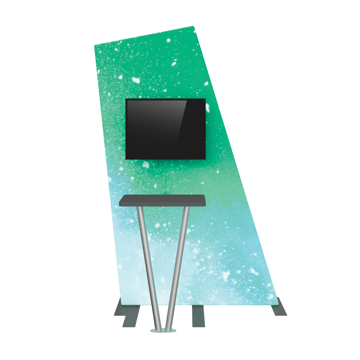 Trade show kiosk booth with angled backdrop panel and mounted monitor for exhibitions and events