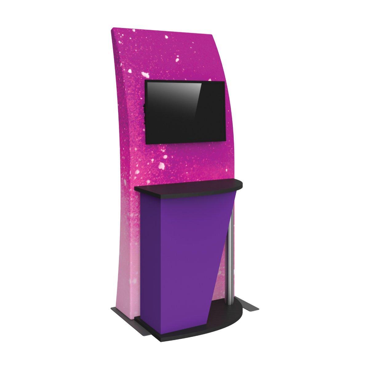 Curved fabric kiosk with built-in TV screen and counter for trade shows and exhibitions