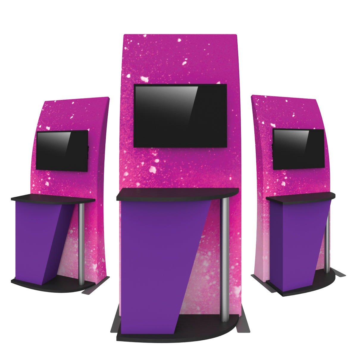 portable kiosk display units with integrated monitors and counter for trade shows and exhibitions