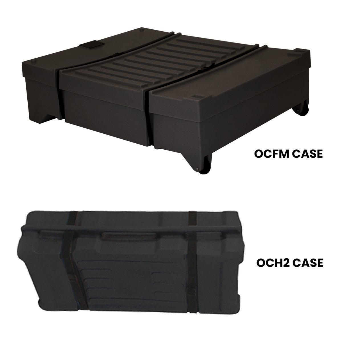 Durable protective transport cases for trade shows and exhibitions labeled OCFM CASE and OCH2 CASE