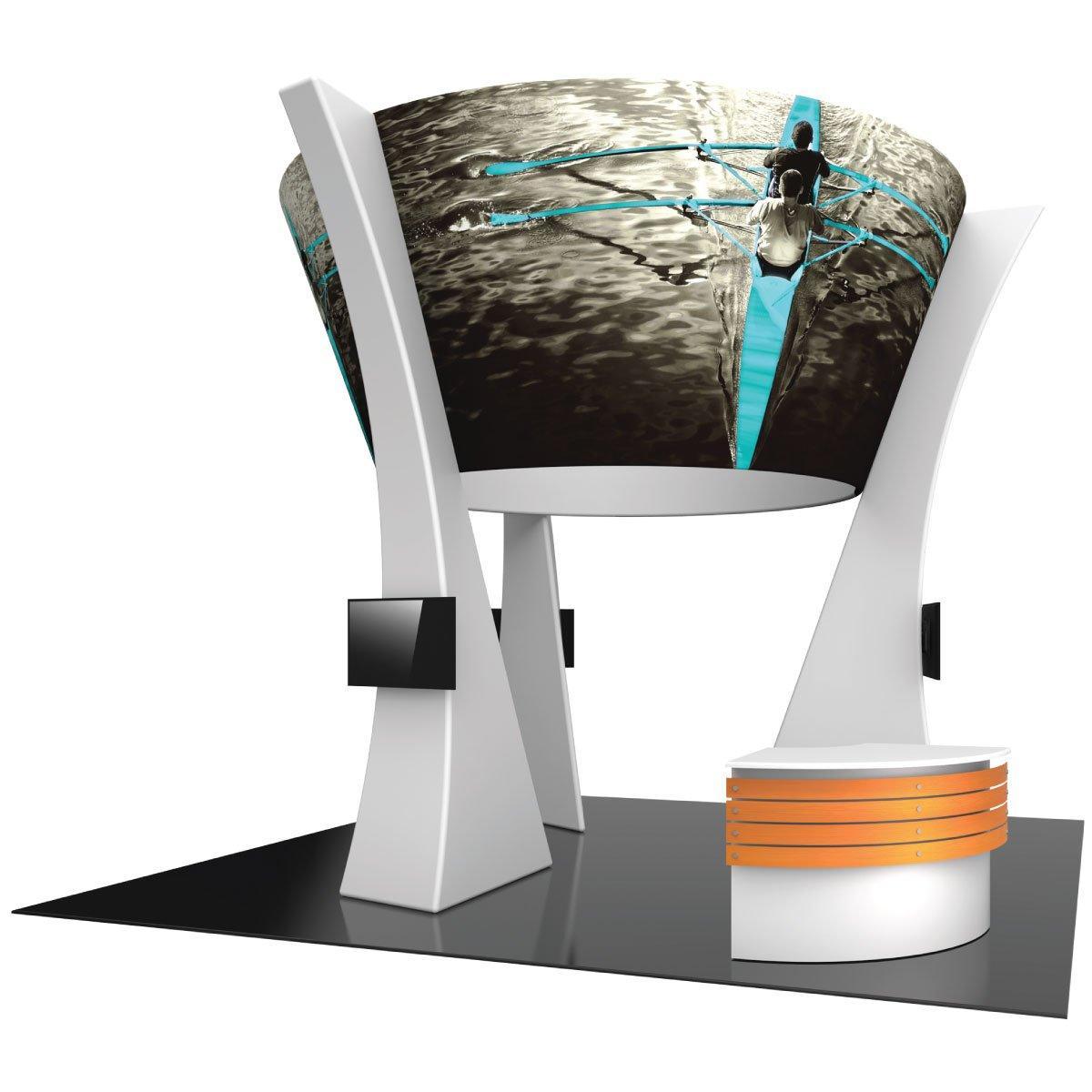 Trade show island exhibit with large curved graphic overhead and multiple displays for events