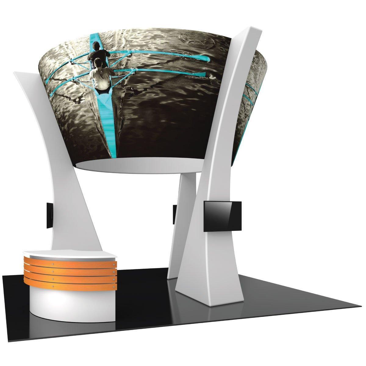 Trade show island exhibit with curved graphic overhead and multimedia displays for events