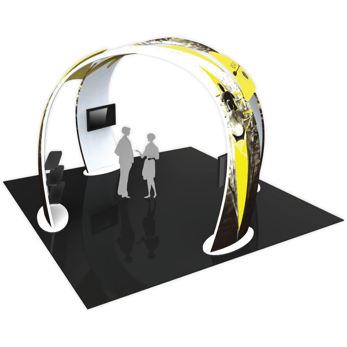 Modern 20x20 island trade show booth with curved frame, display monitors, and interaction space