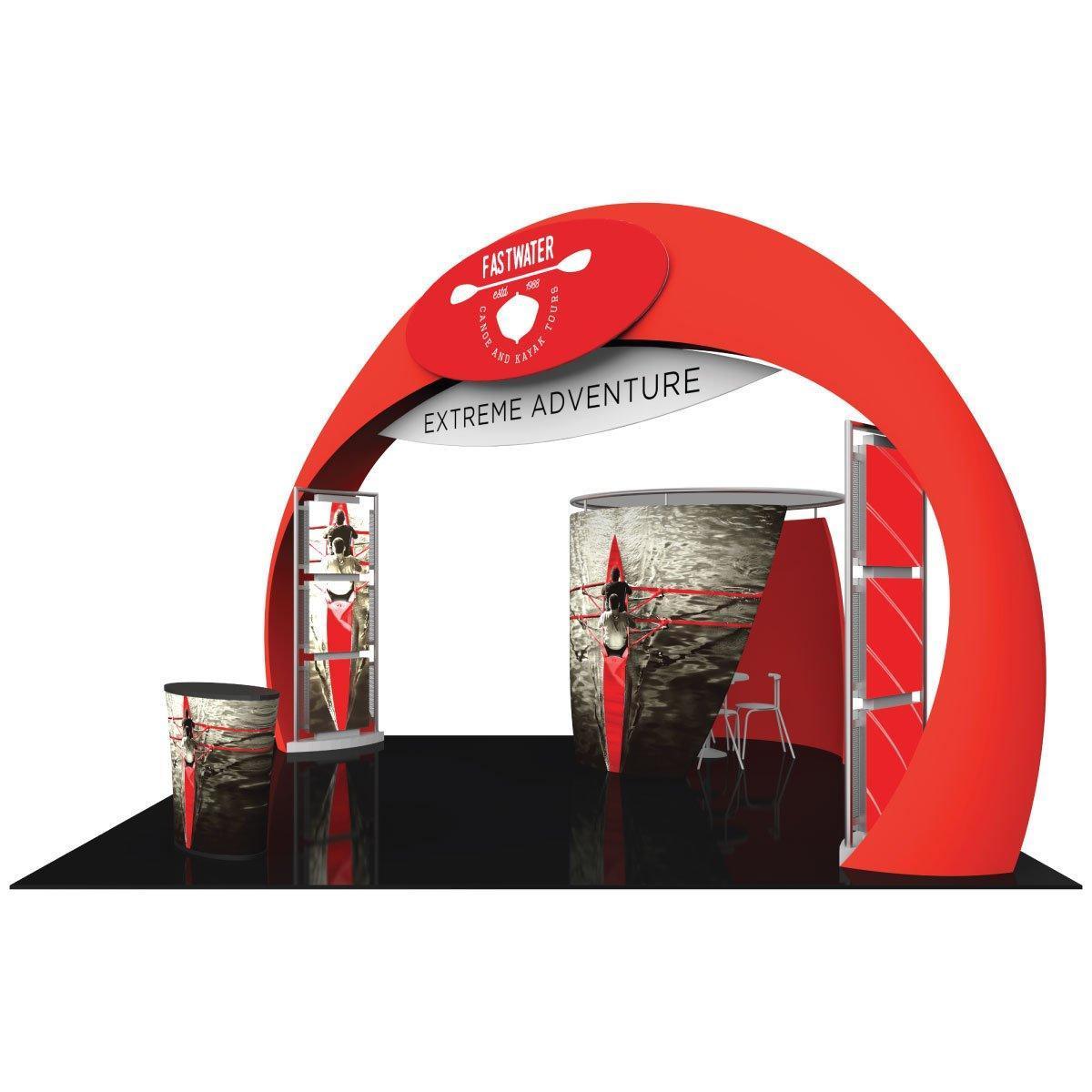 Curved trade show booth with graphic panels and branded header for extreme adventure events