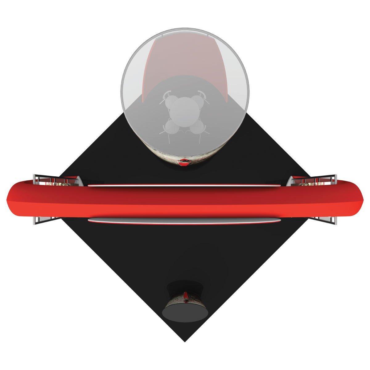 Top view of a trade show island booth setup with round table, chairs, and curved counters on black flooring