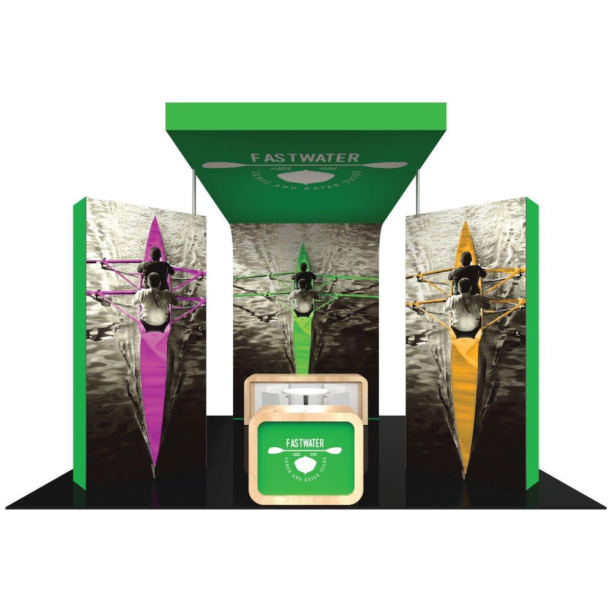 Trade show island booth with large kayak-themed graphics and branded reception counter for exhibitions