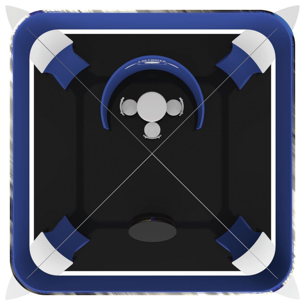 Top view of trade show island booth with curved counter, round table with chairs, and four corner seating areas