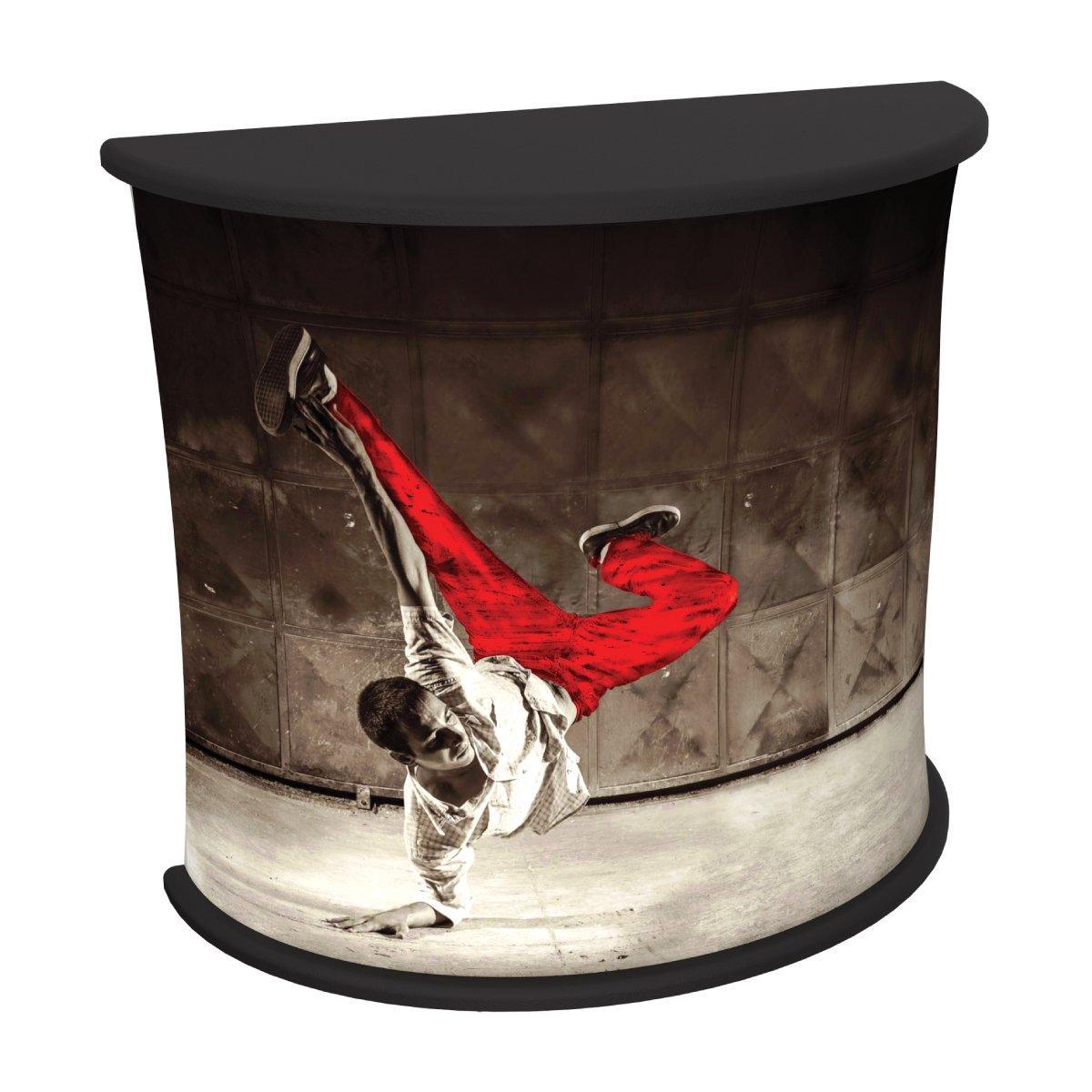 Curved trade show counter with dynamic breakdancer graphic for exhibitions and events