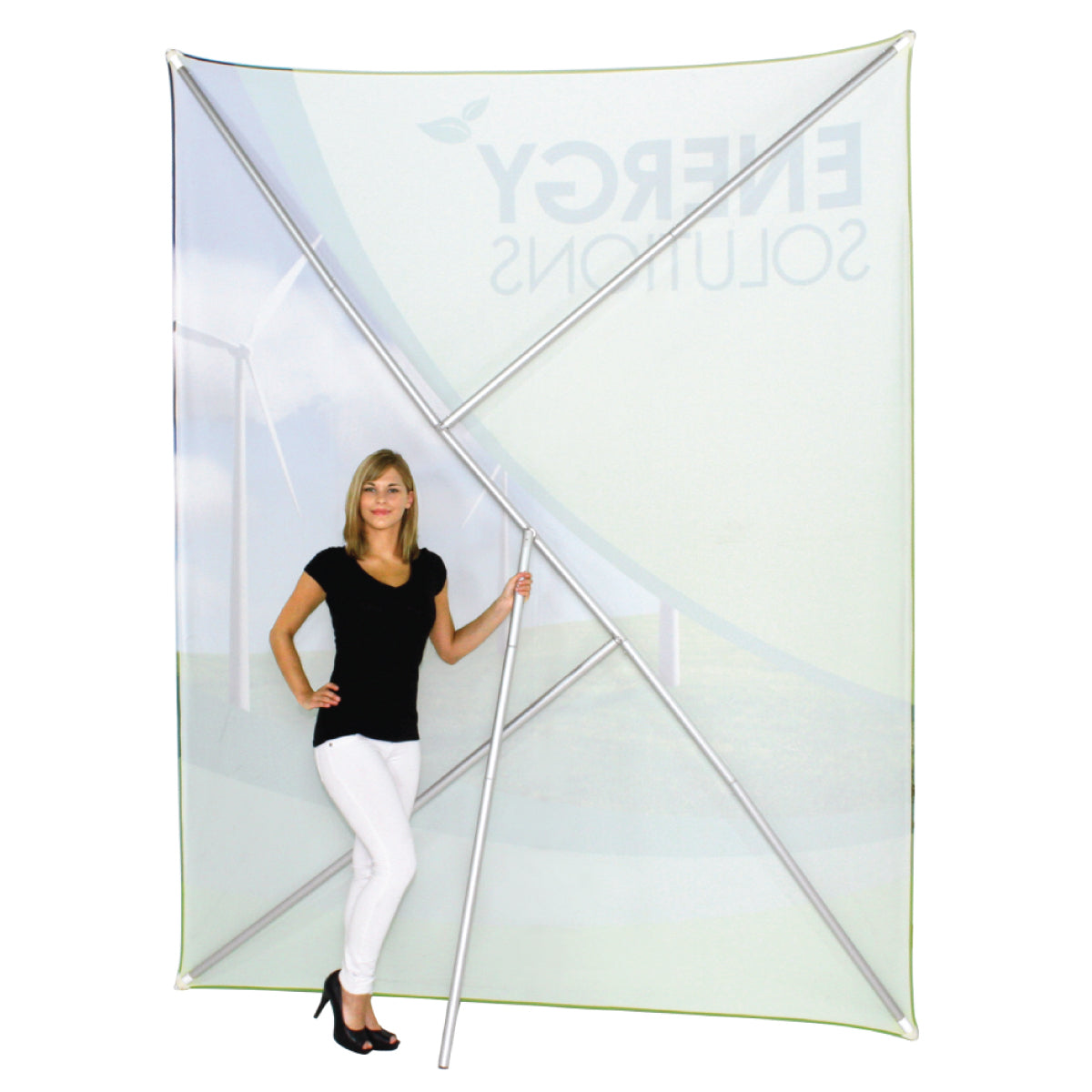Compact portable trade show display backdrop with fabric graphic and metal frame setup