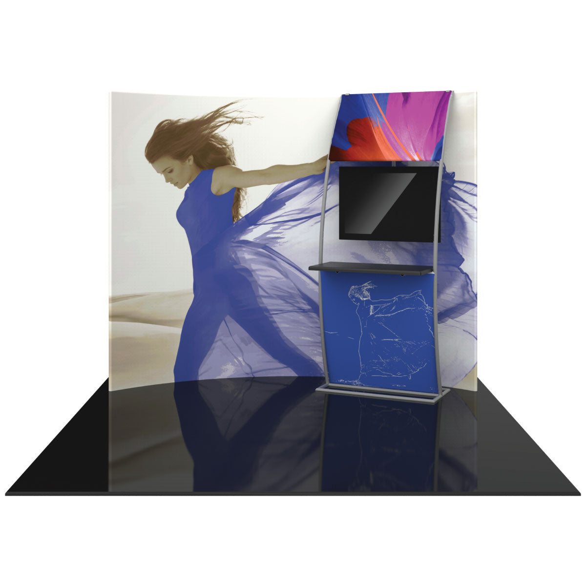 Curved trade show display booth with large graphic backdrop and multimedia stand for exhibitions