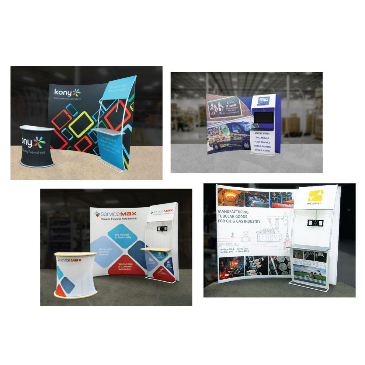 Modular trade show displays with curved backdrops and counters for exhibitions and special events