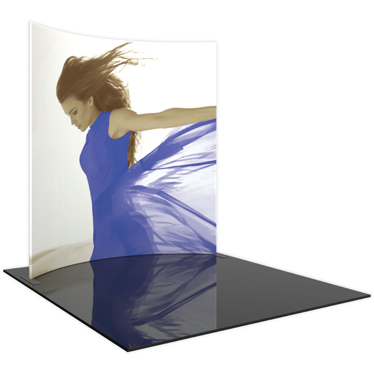 Curved trade show display featuring large printed image of woman with flowing fabric for exhibitions and events