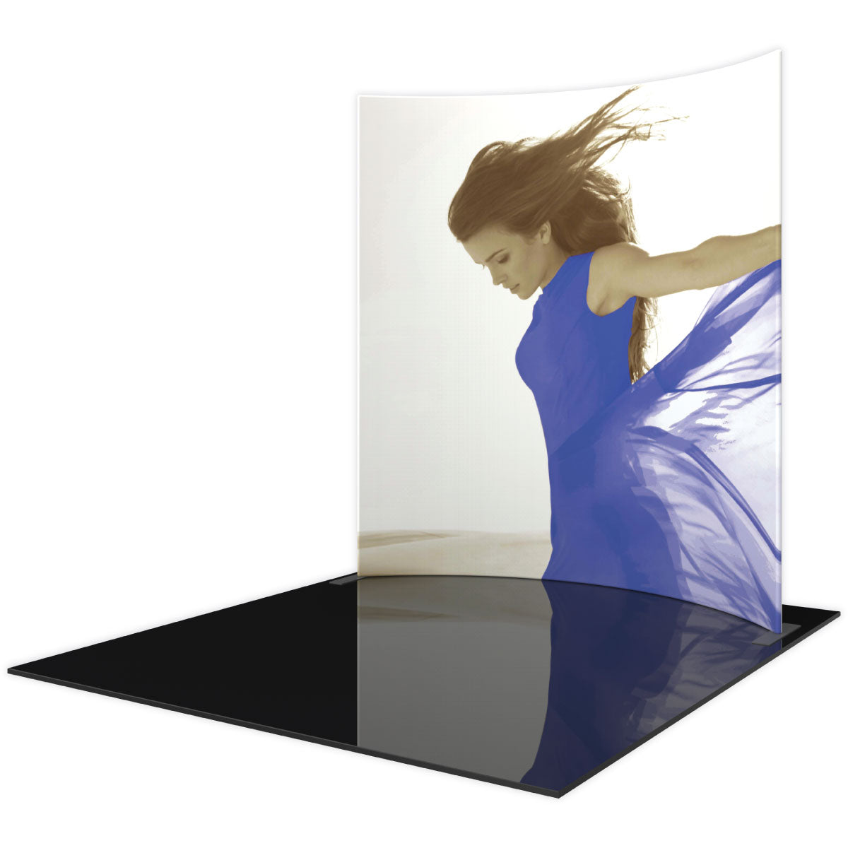 Curved fabric trade show display with dynamic woman image for exhibitions and special events